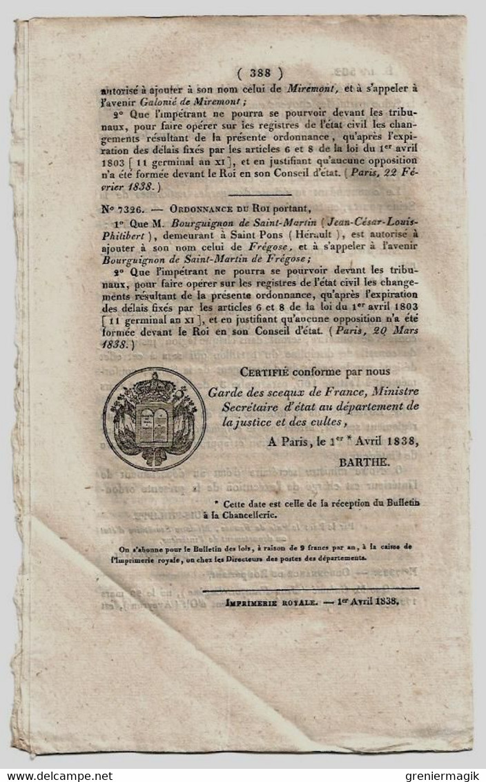 Bulletin Des Lois N°562 1838 Sapeurs-porte-haches De La Garde Nationale De Paris/Musique Des Légions../Emile De Girardin - Decreti & Leggi