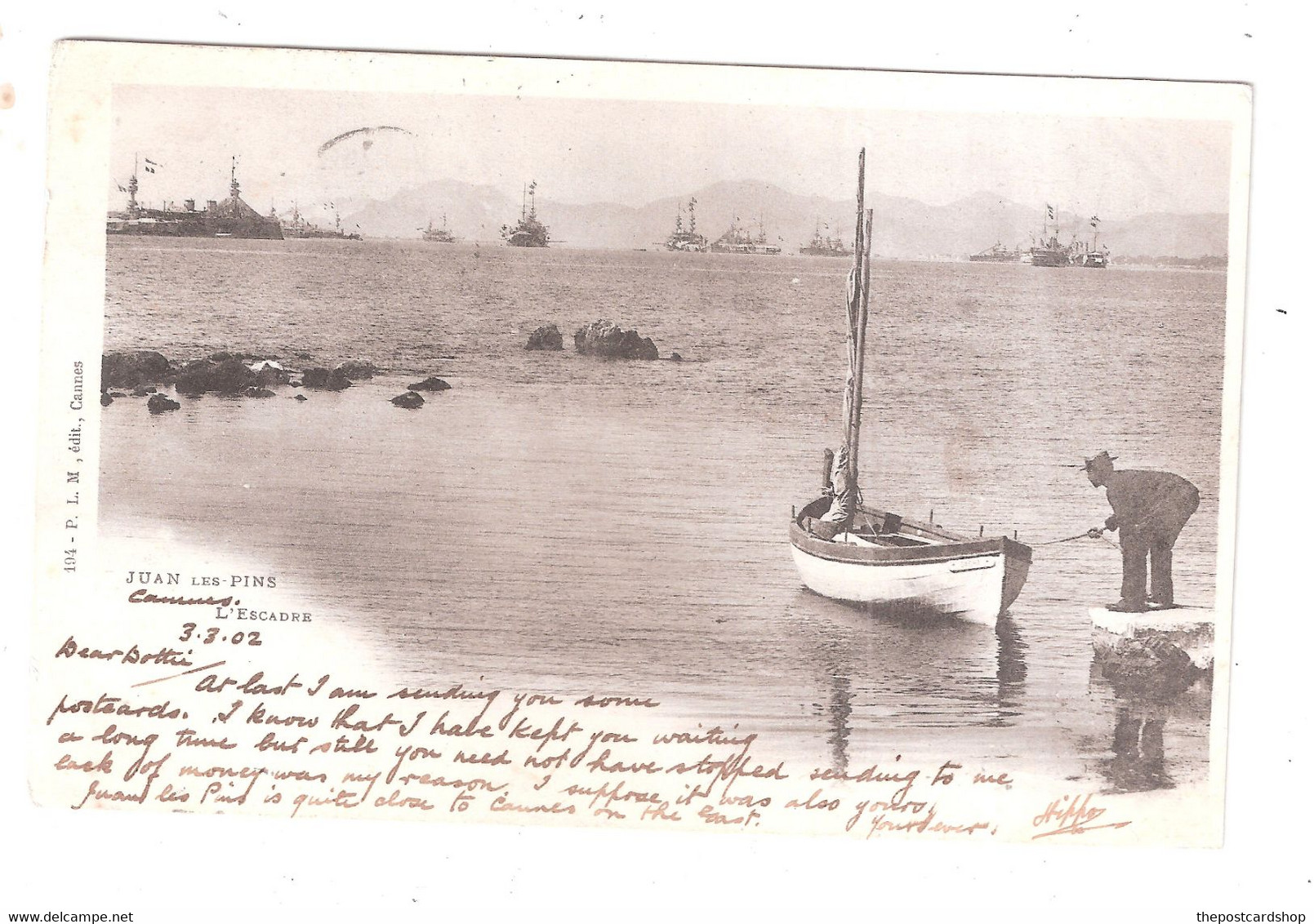 Ships At JUAN-LES-PINS No194  Escadre De La Méditerranée Animée Edit Maillan Timbrée 1902 CP Précurseur Dos Non Divisé - Juan-les-Pins