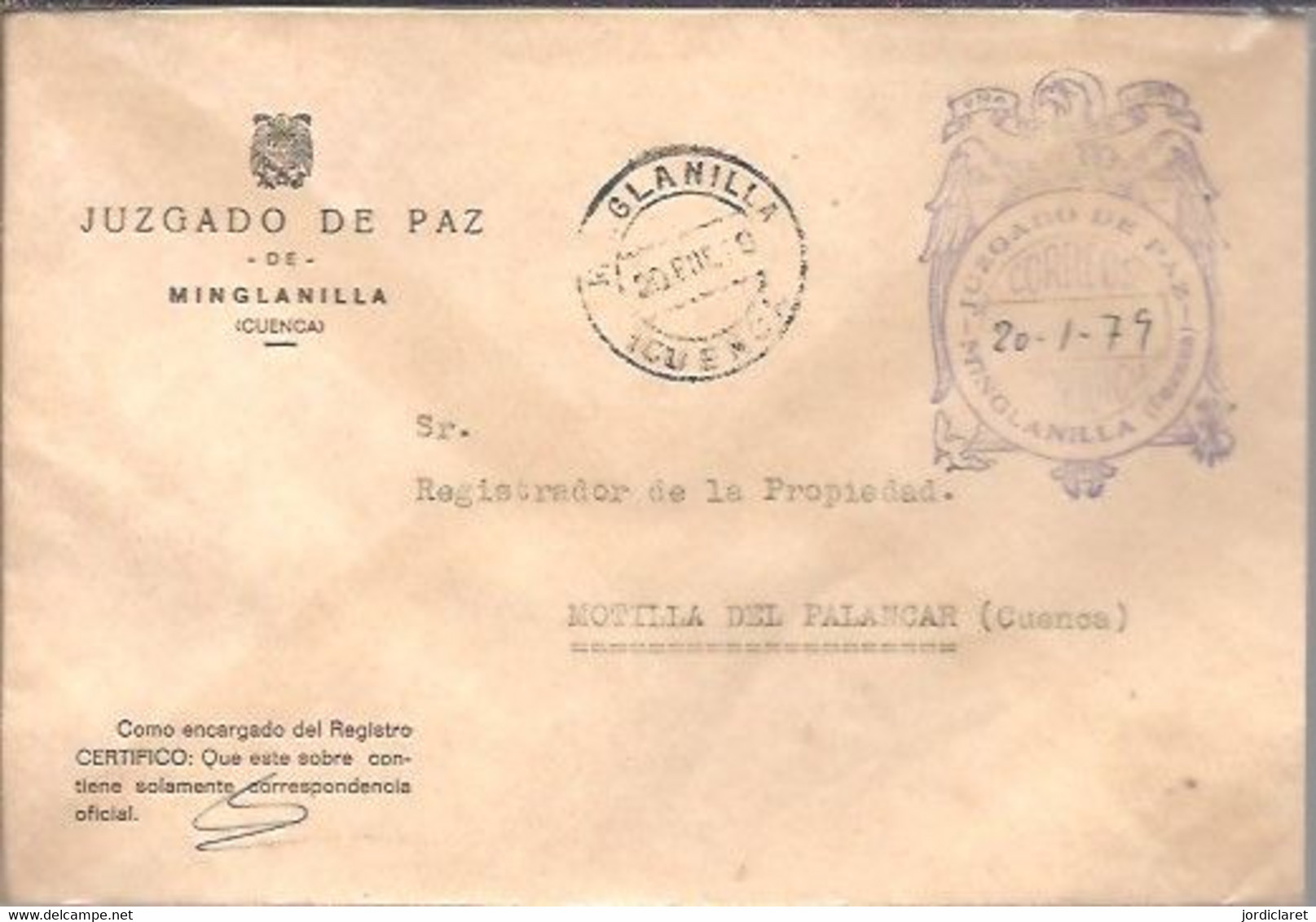JUZGADO DE PAZ DE MINGLANILLA CUENCA 1979 - Franchise Postale