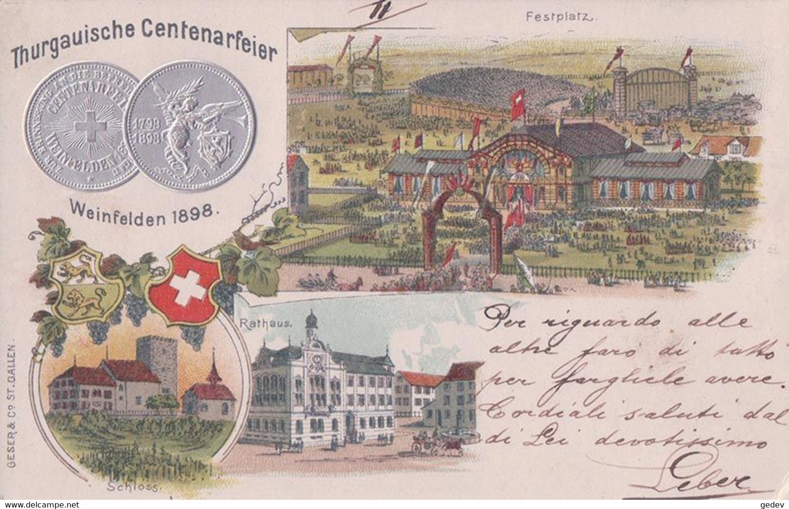 Weinfelden 1898, Thurgauische Centenarfeier, Festplatz Et Médailles, Litho Gaufrée (7.5.1895) - Weinfelden