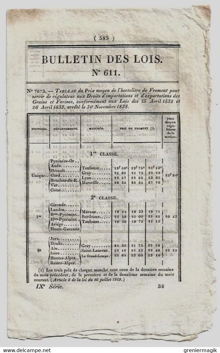 Bulletin Des Lois N°611 1838 Tarif Péage Pont De Saint-Viance Vézère Corrèze/Courtiers Interprètes Port De Honfleur - Decreti & Leggi