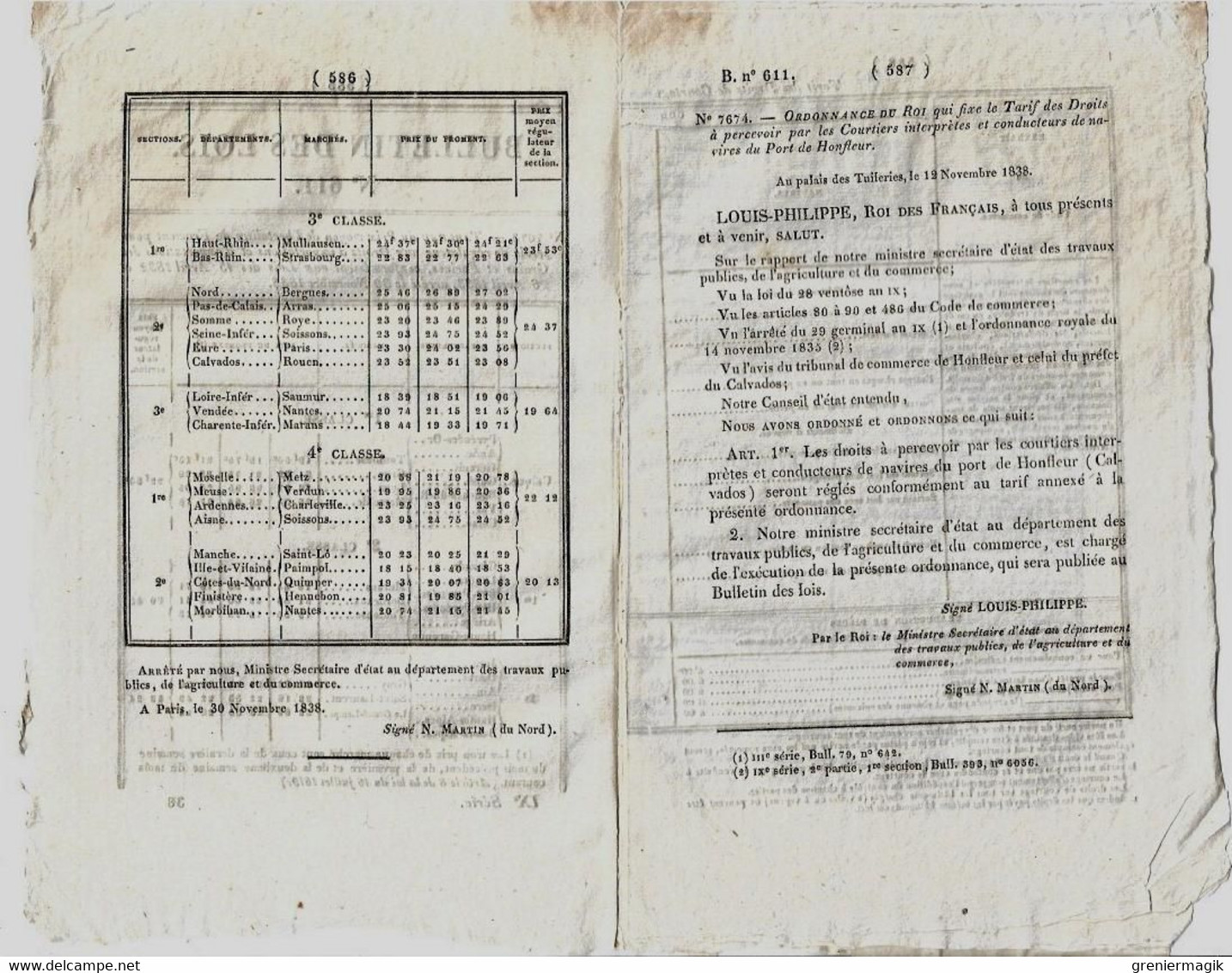 Bulletin Des Lois N°611 1838 Tarif Péage Pont De Saint-Viance Vézère Corrèze/Courtiers Interprètes Port De Honfleur - Décrets & Lois