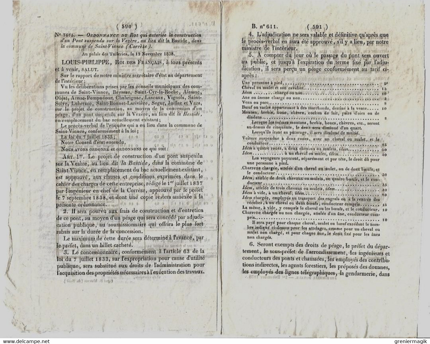 Bulletin Des Lois N°611 1838 Tarif Péage Pont De Saint-Viance Vézère Corrèze/Courtiers Interprètes Port De Honfleur - Décrets & Lois