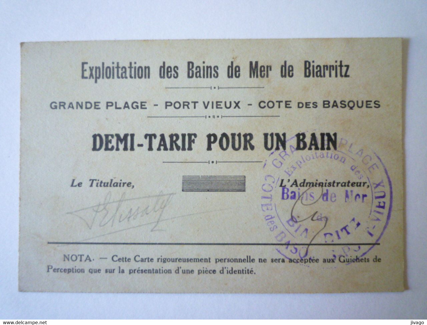 2021 - 2596  Exploitation Des Bains De Mer De BIARRITZ  :  DEMI-TARIF  POUR UN BAIN   XXX - Non Classés