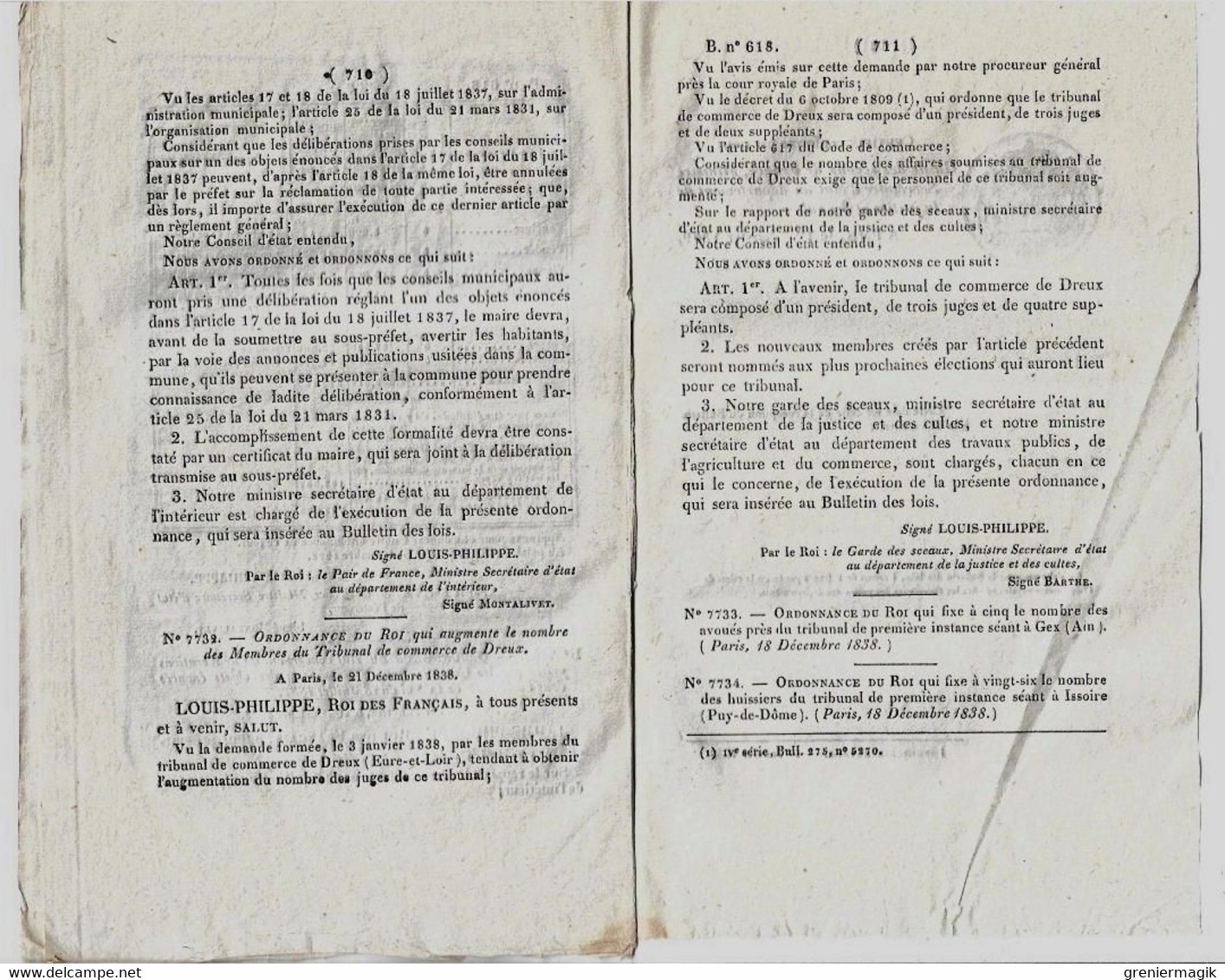 Bulletin des lois n°618 1839 Conseils municipaux/Travaux ouvrages d'art dépendant routes départementales/Bois de marine