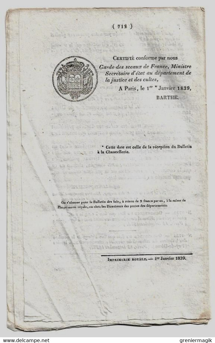 Bulletin des lois n°618 1839 Conseils municipaux/Travaux ouvrages d'art dépendant routes départementales/Bois de marine