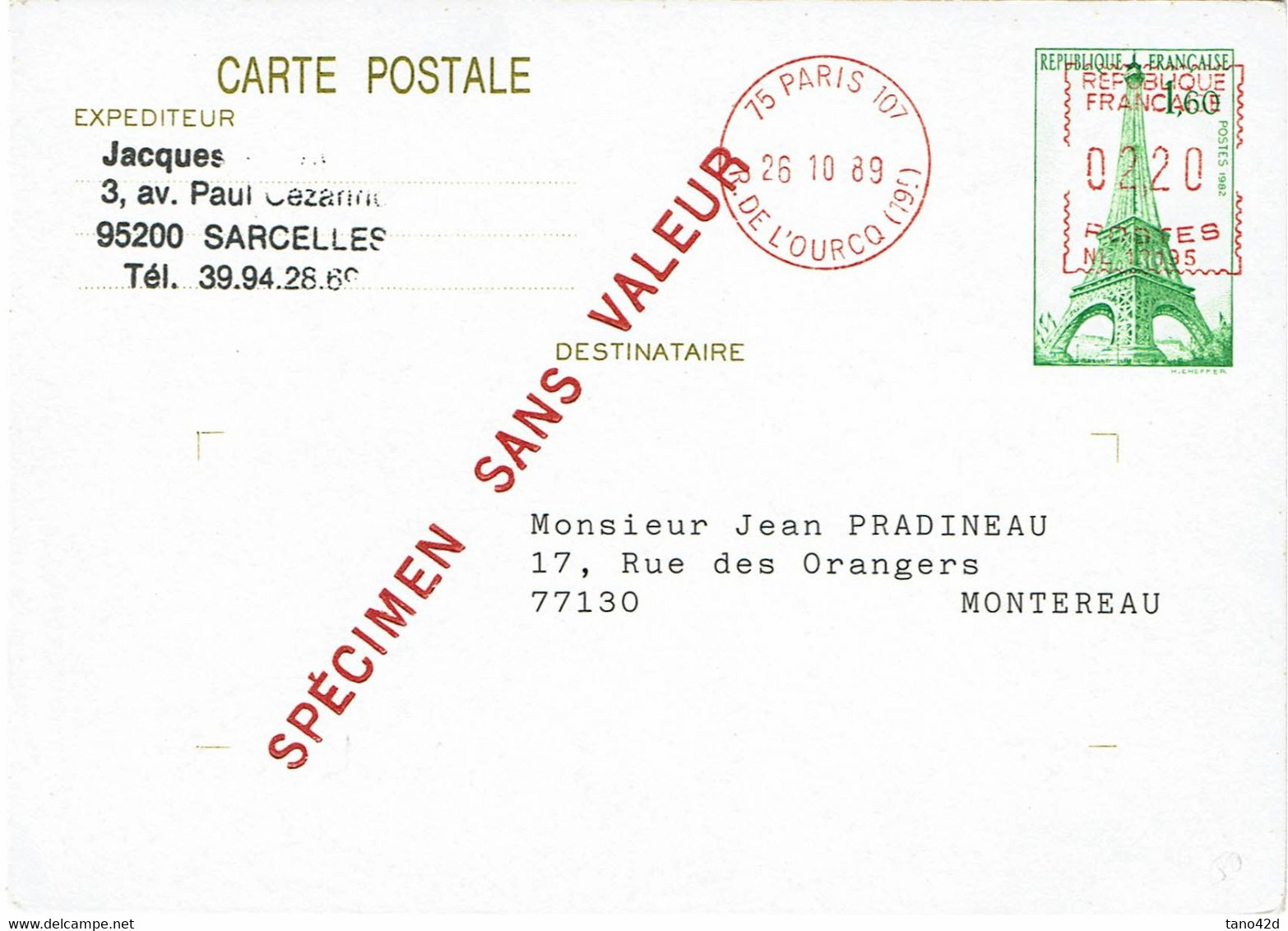 BR42 - ENTIER POSTAL TOUR EIFFEL 1f60 SURCHARGE "SPECIMEN SANS VALEUR" CIRCULE AVEC AFFR.T MECANIQUE - Pseudo-interi Di Produzione Ufficiale