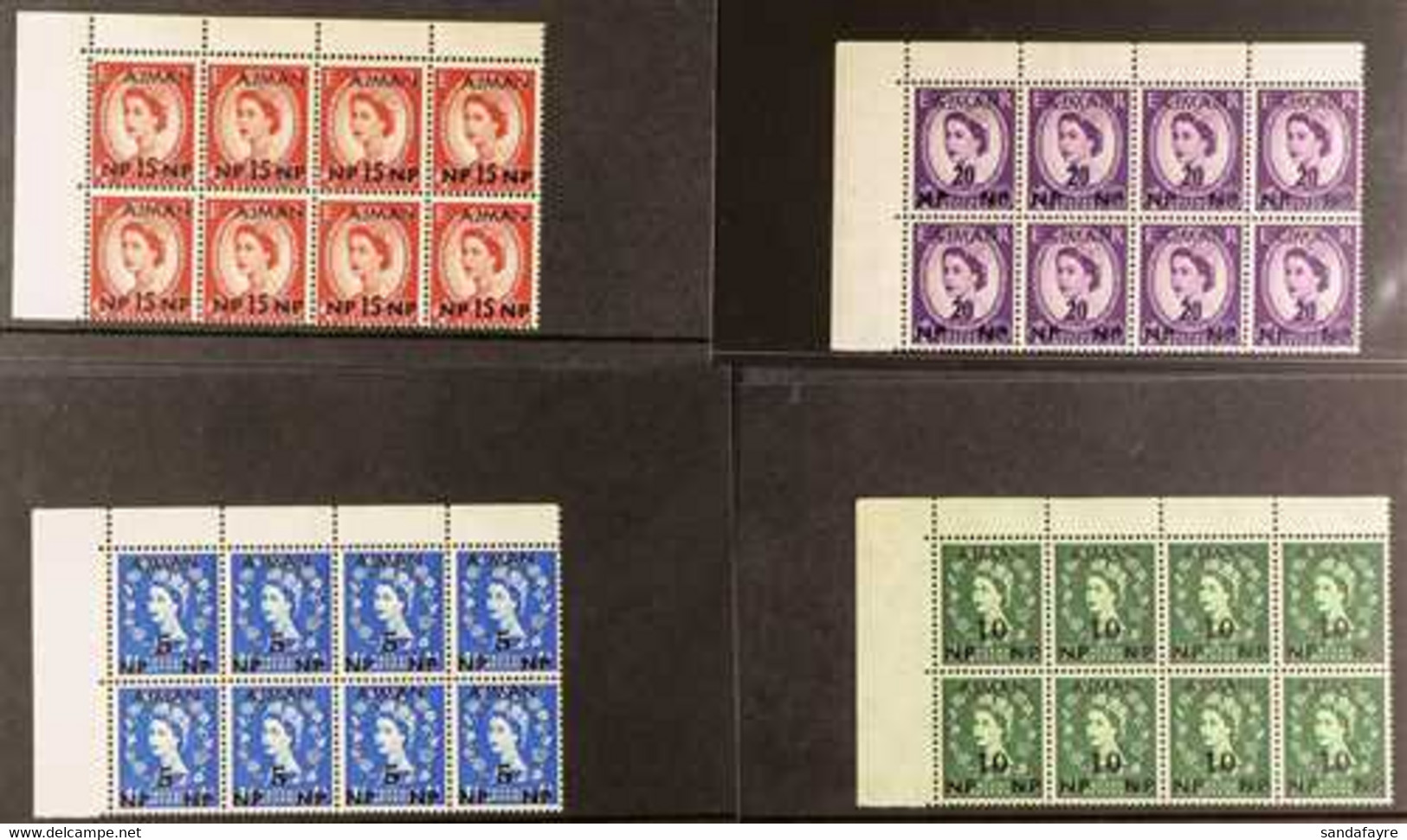 1960 QEII ESSAYS OF THE BRITISH POSTAL AGENCY The Complete Set Of Four Essays As UPPER LEFT CORNER BLOCKS OF 8 STAMPS (4 - Ajman