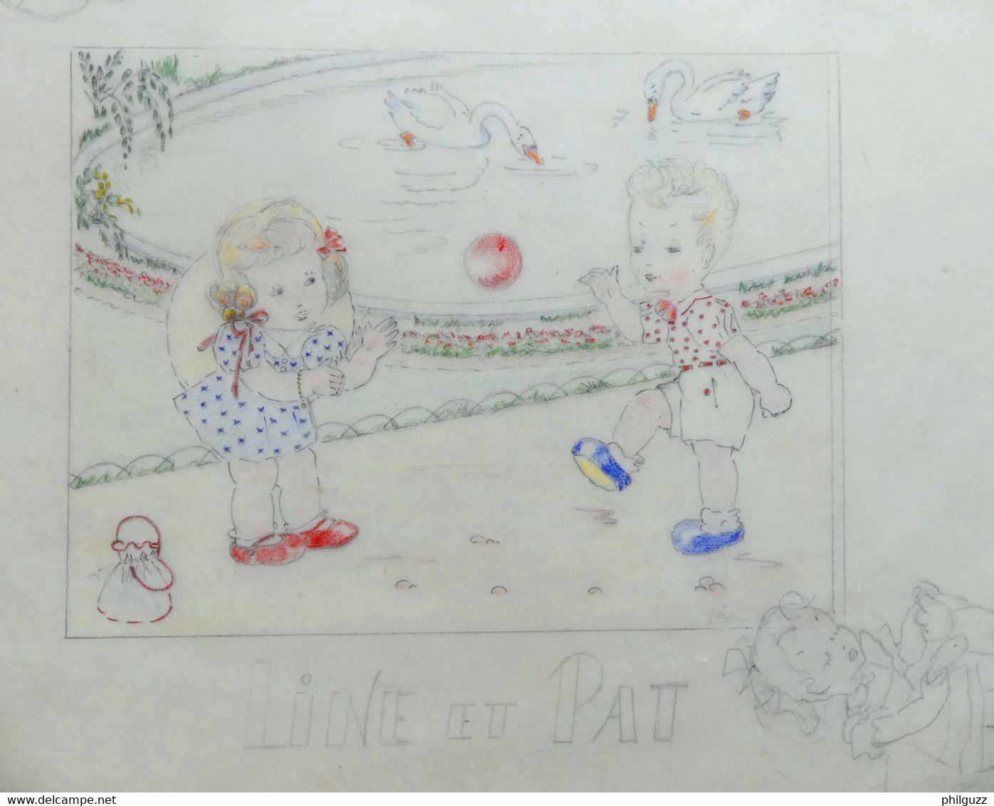 DESSIN ORIGINAL G REUZE ALBUM A COLORIE LINE ET PAT Calque Mine De Plomb Crayons De Couleurs CALQUE JEU DE BALLE - Original Drawings