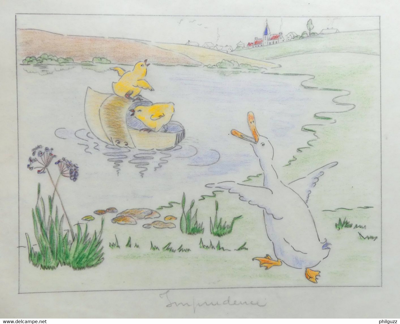 DESSIN ORIGINAL G REUZE ALBUM A COLORIE LINE ET PAT Calque Mine De Plomb Crayons De Couleurs CALQUE IMPRUDENCE CANARDS - Original Drawings