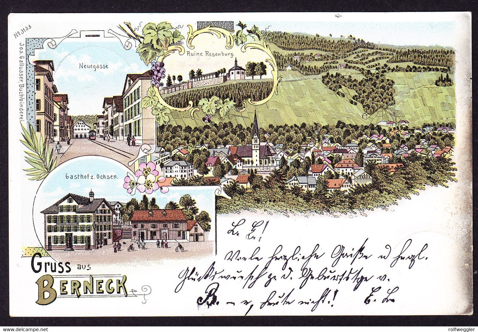 1899 Gelaufene Litho Karte: Gruss Aus Berneck. 4 Bildrig. Rechter Rand Leicht Oxydiert - Berneck