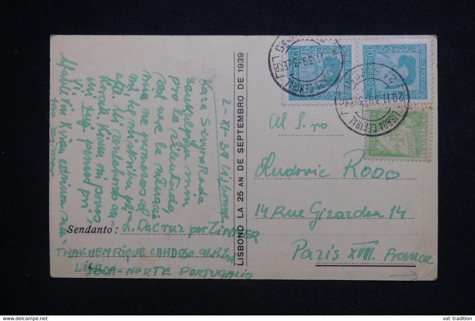 ESPÉRANTO / PORTUGAL  - Carte Postale En Espéranto De Lisbonne En 1939 Pour Paris  -  L 101801 - Esperanto