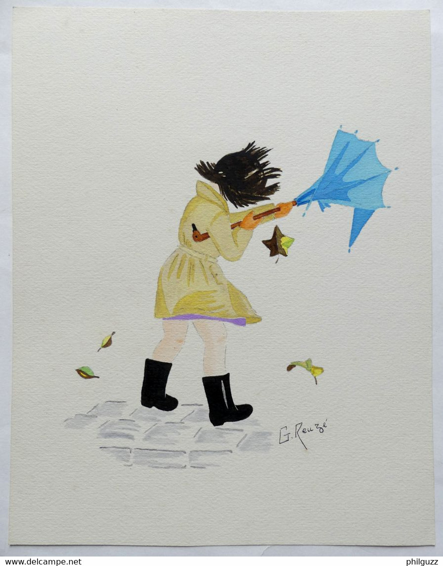 DESSIN ORIGINAL G REUZE Signé Aquarelle JEUNE FILLE AU PARAPLUIE Coup De Vent - Planches Et Dessins - Originaux