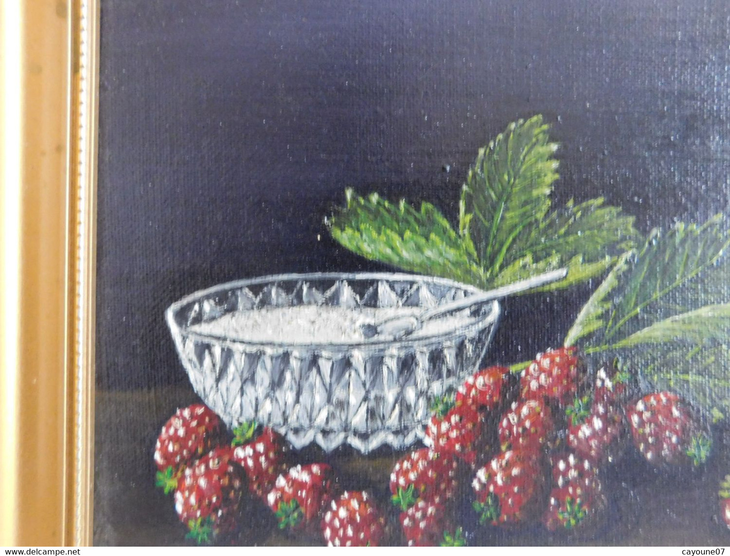 Anne Marie CATY( 1938- ) nature morte "Framboises gourmandes" petite huile sur toile datée 96 beau cadre doré