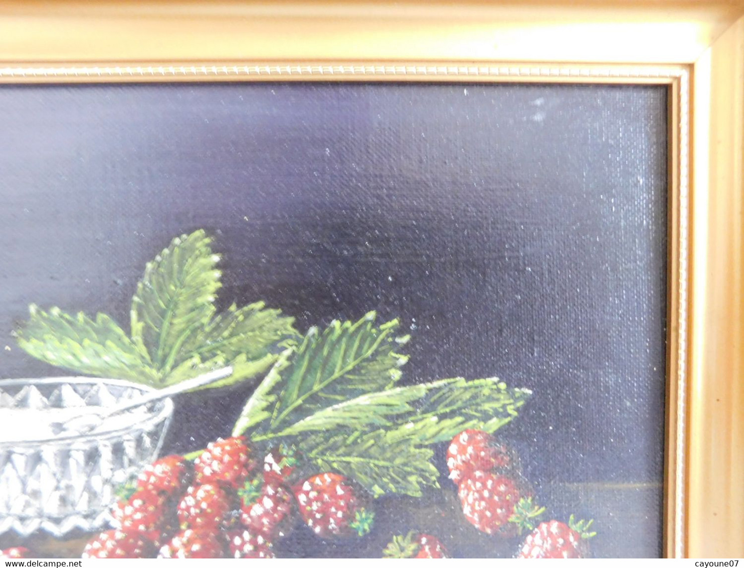 Anne Marie CATY( 1938- ) nature morte "Framboises gourmandes" petite huile sur toile datée 96 beau cadre doré