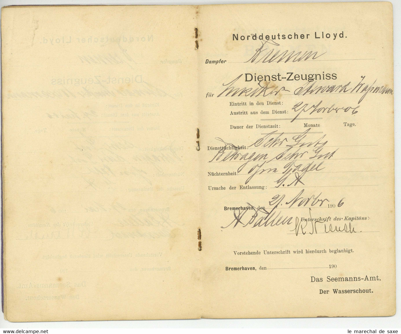 Dienstzeugnisse DAMPFER BREMEN 1904 Bis 1909 Für Steward Wassmann Kapitäne Nierich U. Von Borell - Diploma's En Schoolrapporten