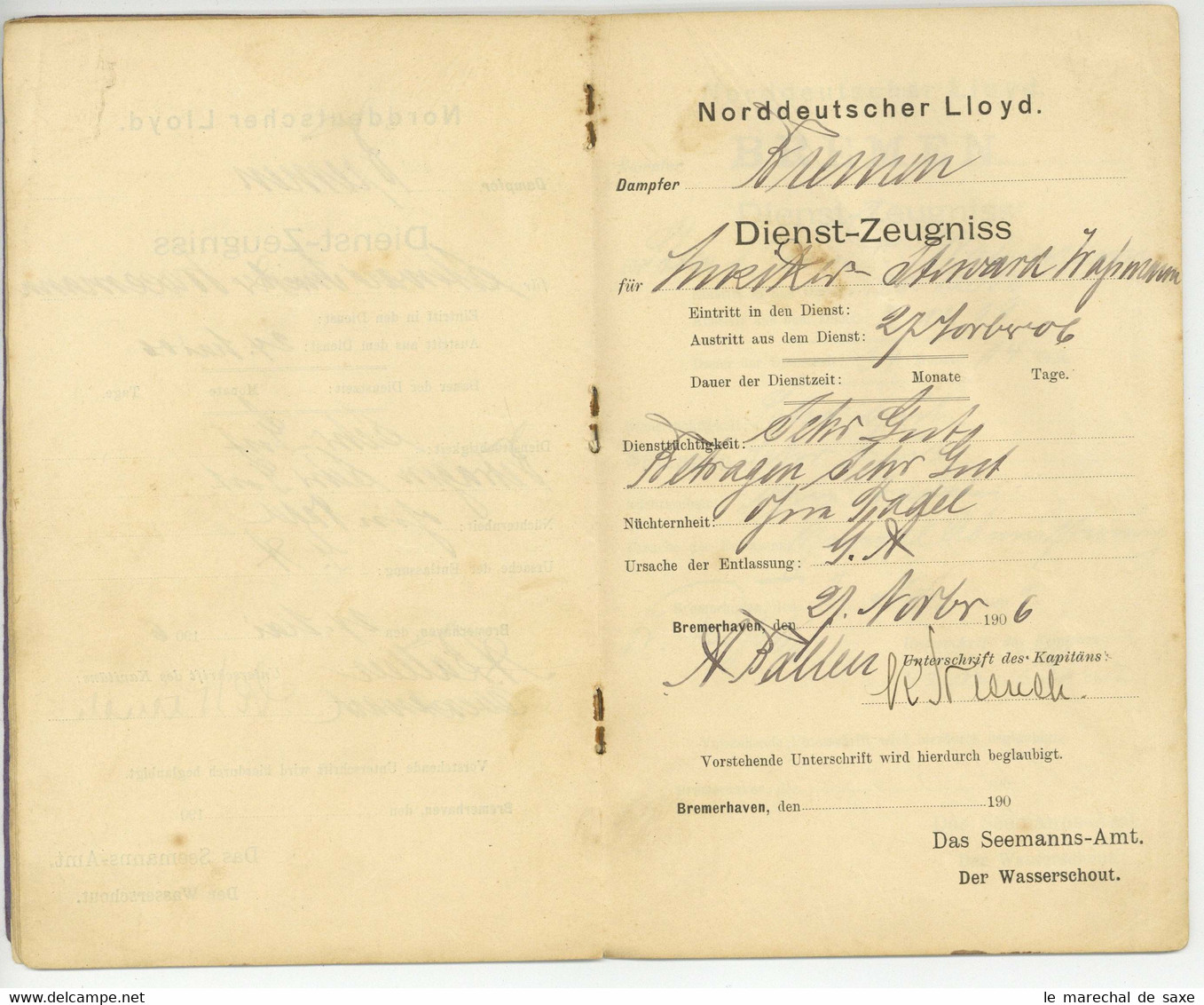 Dienstzeugnisse DAMPFER BREMEN 1904 Bis 1909 Für Steward Wassmann Kapitäne Nierich U. Von Borell - Diplome Und Schulzeugnisse