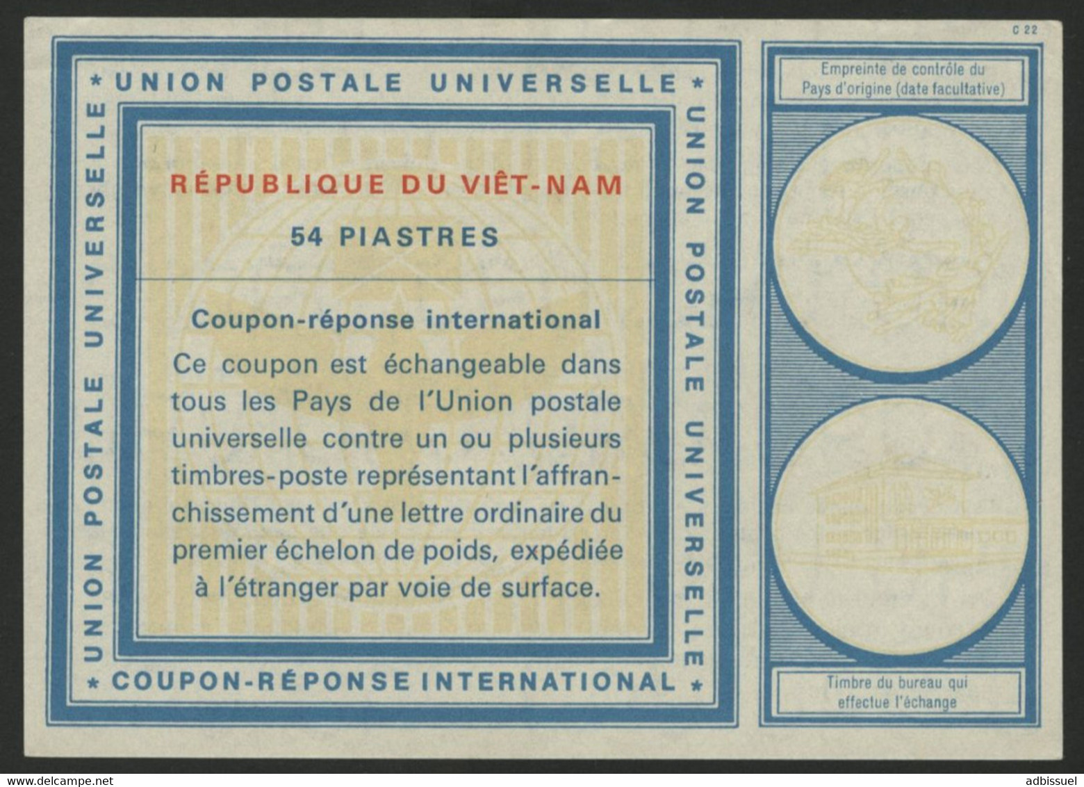 COUPON REPONSE INTERNATIONAL DU VIET-NAM Neuf, Type Vienne Et D'une Valeur De 54 Piastres - Reply Coupons