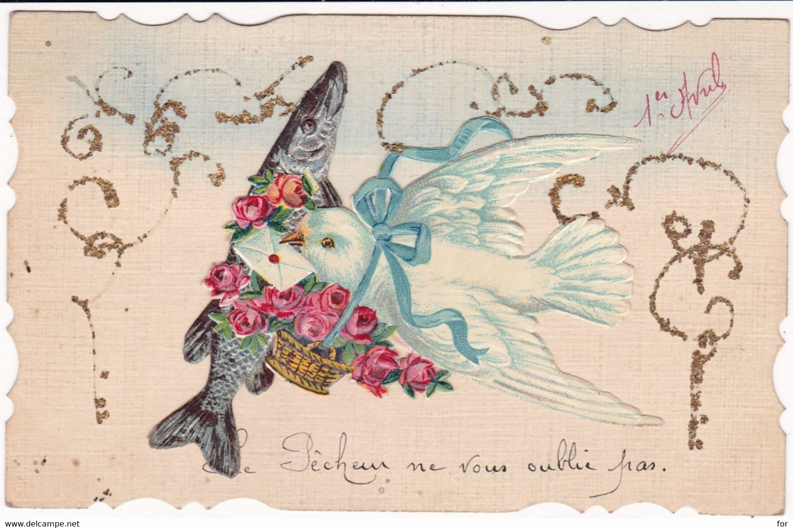 Fête : 1er Avril - Poisson D'Avril : Carte Festonnée : Avec Collage : Poisson - Colombe : Toilée - 1er Avril - Poisson D'avril