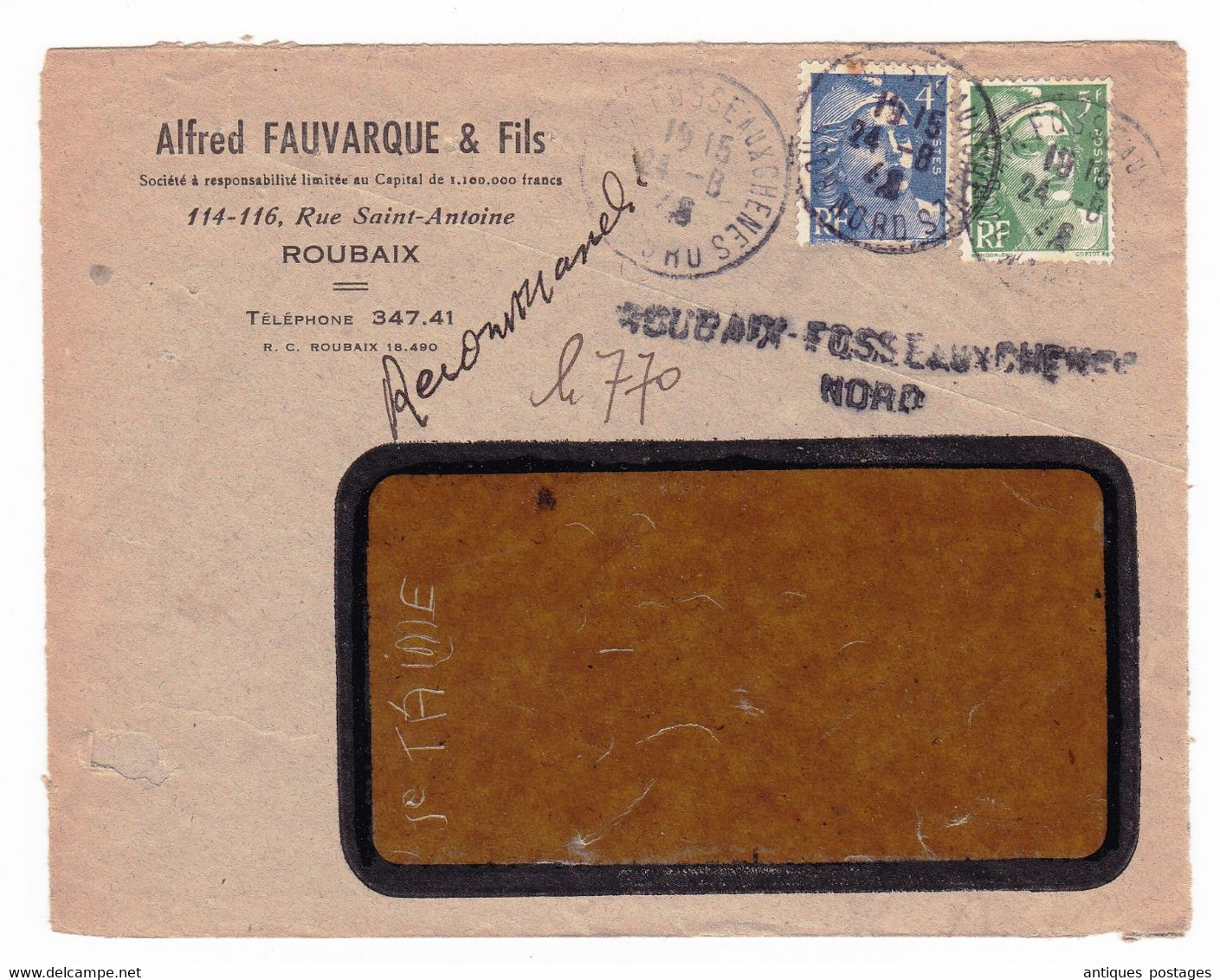 Lettre 1948 Alfred Fauvarque & Fils Roubaix Fosse Aux Chênes Marianne De Gandon 4F + 5F Recommandé - 1945-54 Marianne Of Gandon