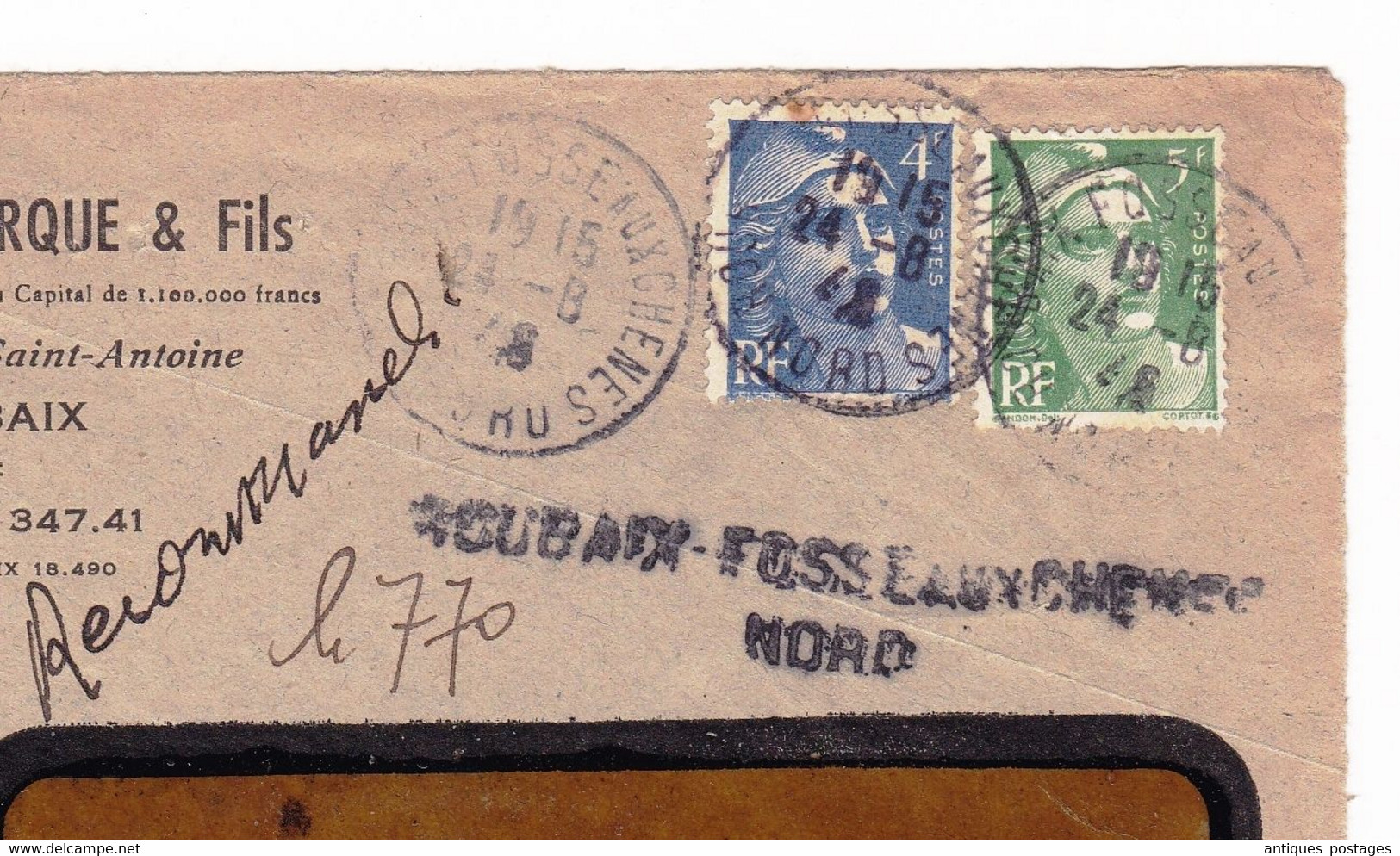 Lettre 1948 Alfred Fauvarque & Fils Roubaix Fosse Aux Chênes Marianne De Gandon 4F + 5F Recommandé - 1945-54 Marianna Di Gandon