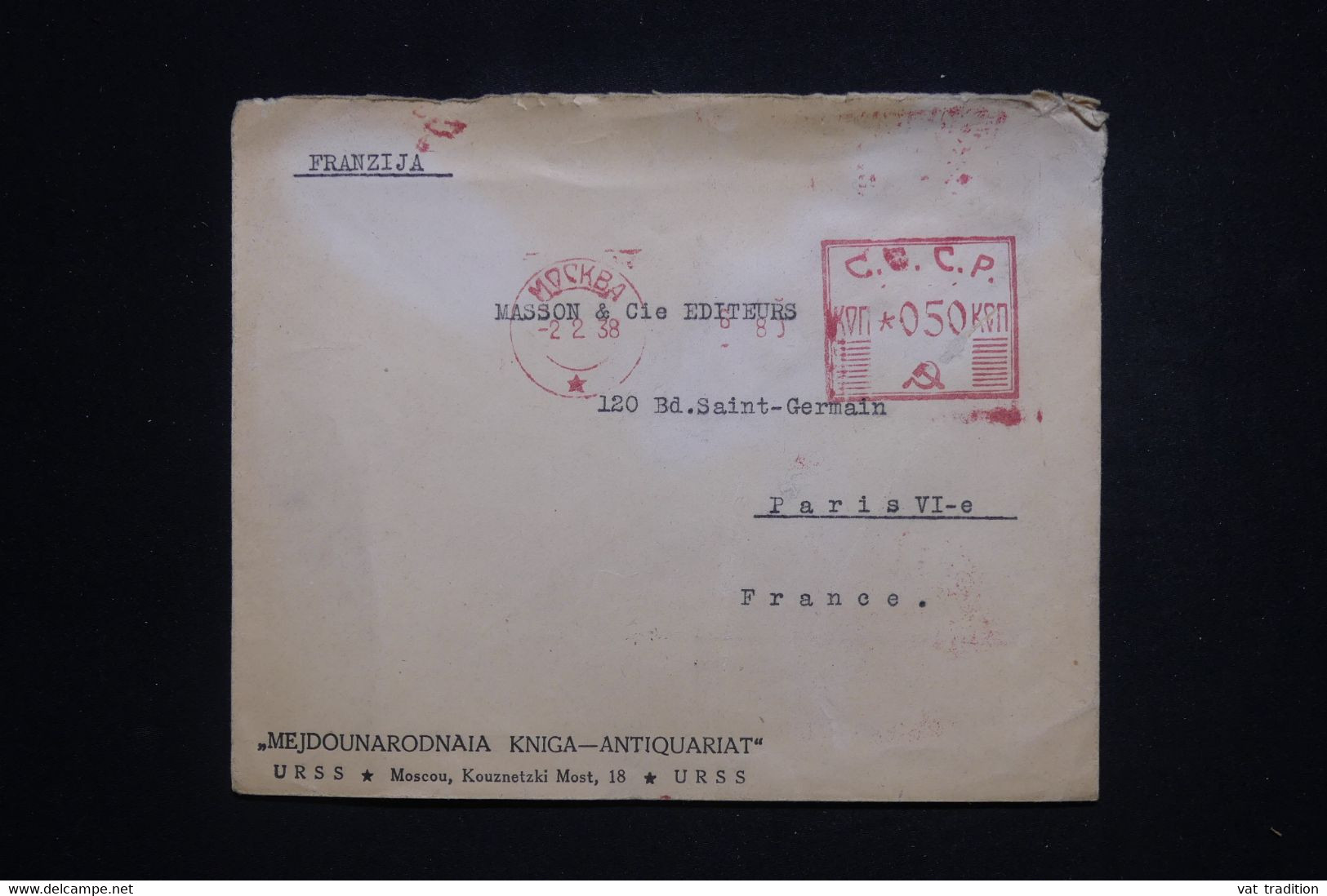 RUSSIE - Affranchissement Mécanique De Moscou Sur Enveloppe En 1938 Pour Paris - L 101826 - Lettres & Documents