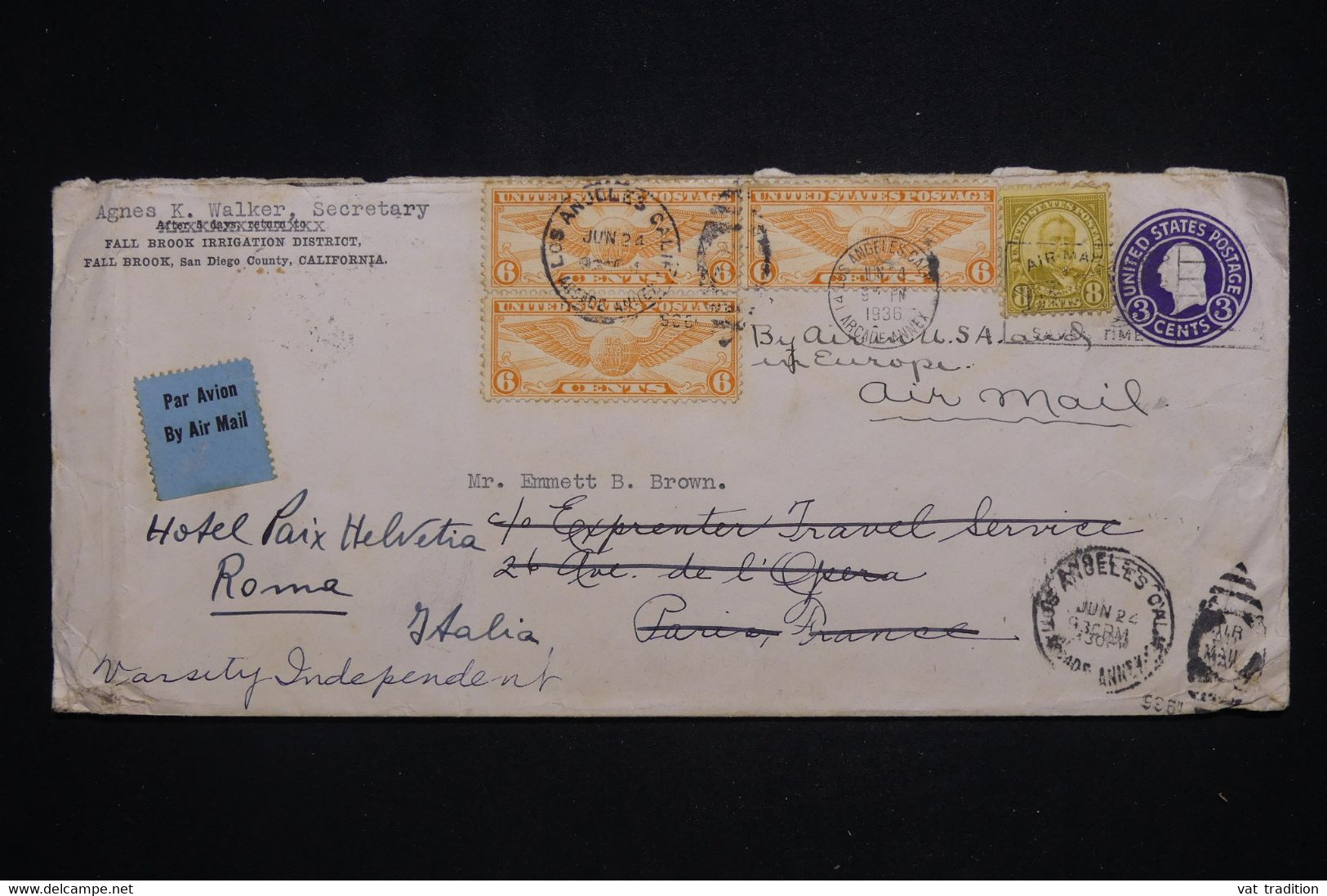 ETATS UNIS - Entier Postal + Compléments De Los Angeles Pour Paris Et Redirigé Vers Rome En 1938 Par Avion - L 101829 - 1921-40