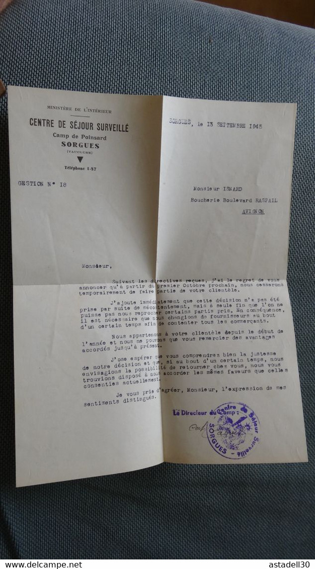 RARE .... Enveloppe + Courrier Séjour Surveillé A SORGUES , 14 Septembre 1945........ PHI-Caisse2 - Guerra Del 1939-45