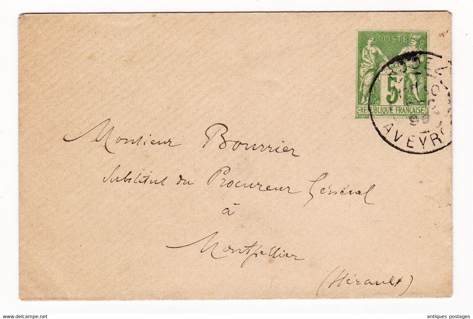 Enveloppe 1899 Entier Postal Type Sage 5 Centimes Rodez Aveyron - Standard Covers & Stamped On Demand (before 1995)