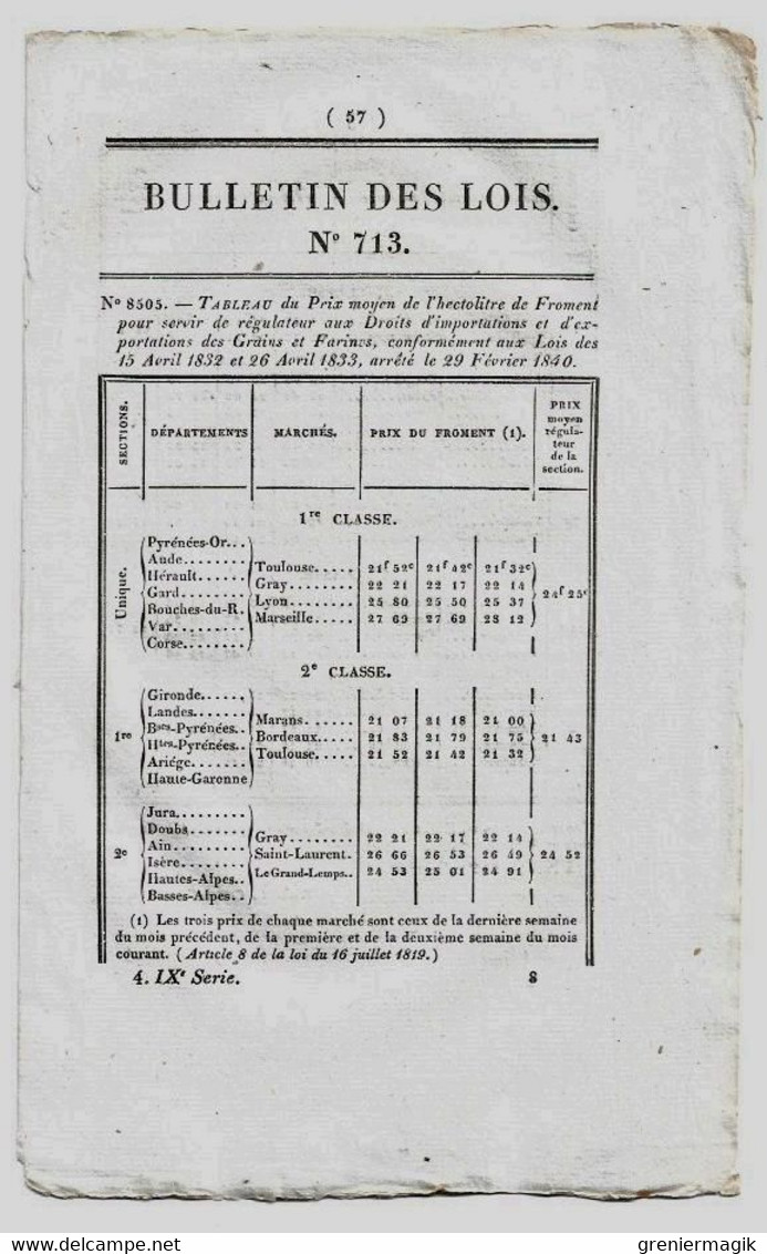 Bulletin Des Lois N°713 1840 Création D'un Commissariat De Police à Bourbon-Lancy (Saône Et-Loire)/Prix Froment - Décrets & Lois