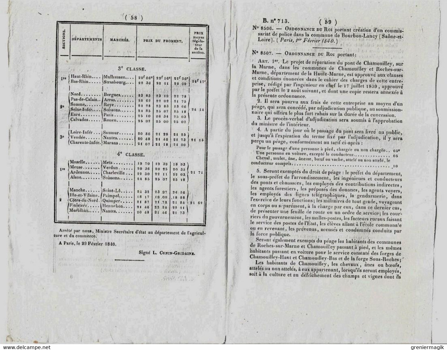 Bulletin Des Lois N°713 1840 Création D'un Commissariat De Police à Bourbon-Lancy (Saône Et-Loire)/Prix Froment - Décrets & Lois