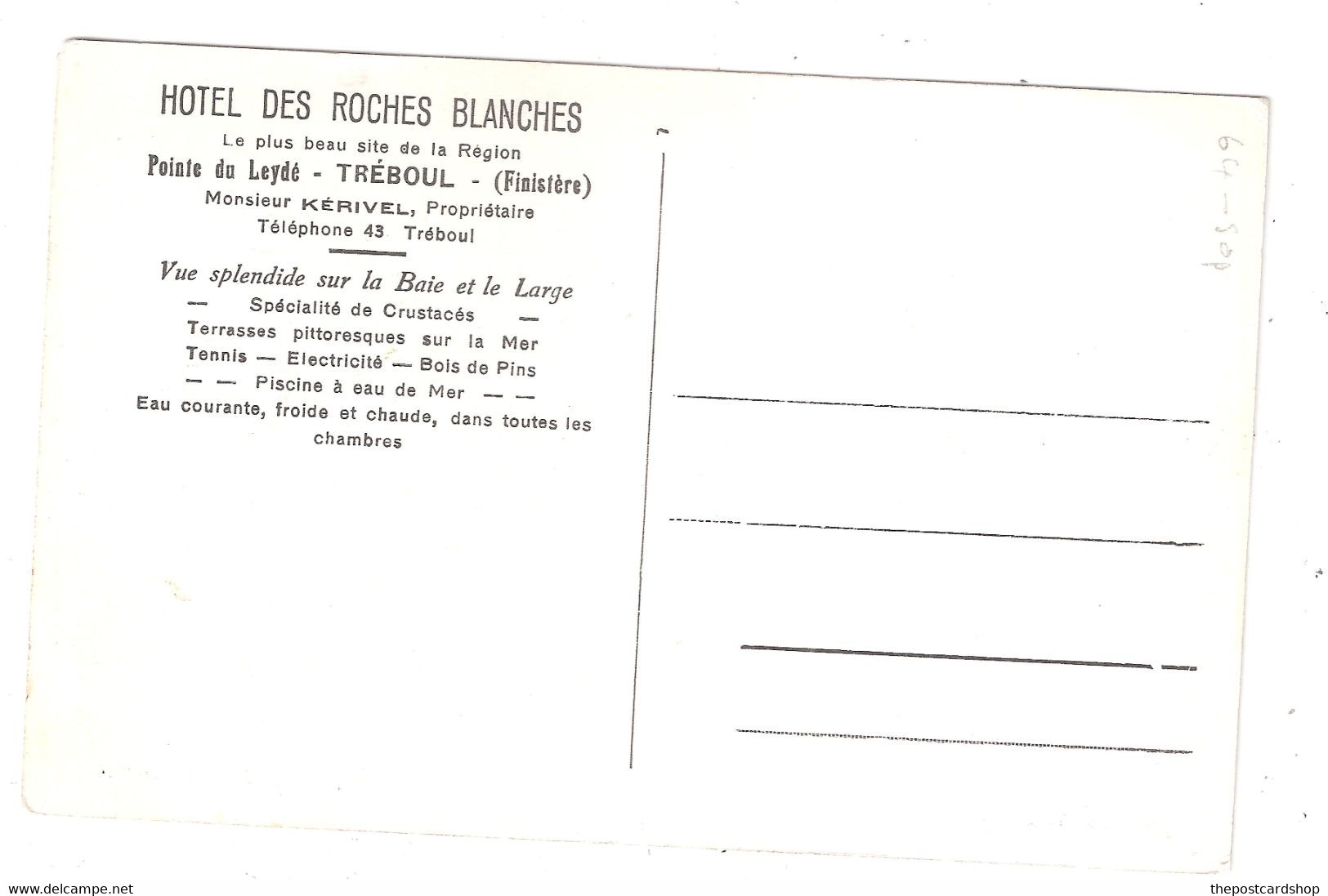 ADVERT FOR THE HOTEL CPA - TREBOUL Près DOUARNENEZ - L'Hôtel Des Roches Blanches UNUSED - Tréboul