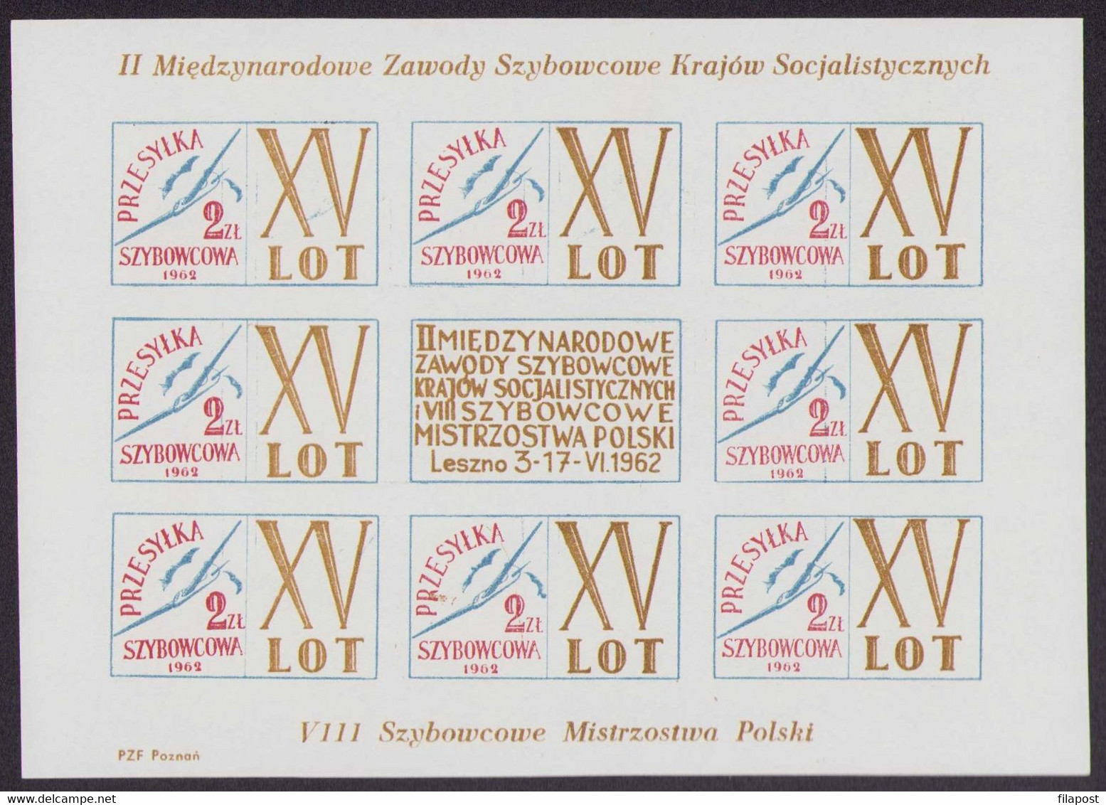 POLAND 1962 Interational & Polish Gliding Championships / Socialist Countries, LOT, Airplane, Plane, Full Sheet MNH**P71 - Ganze Bögen