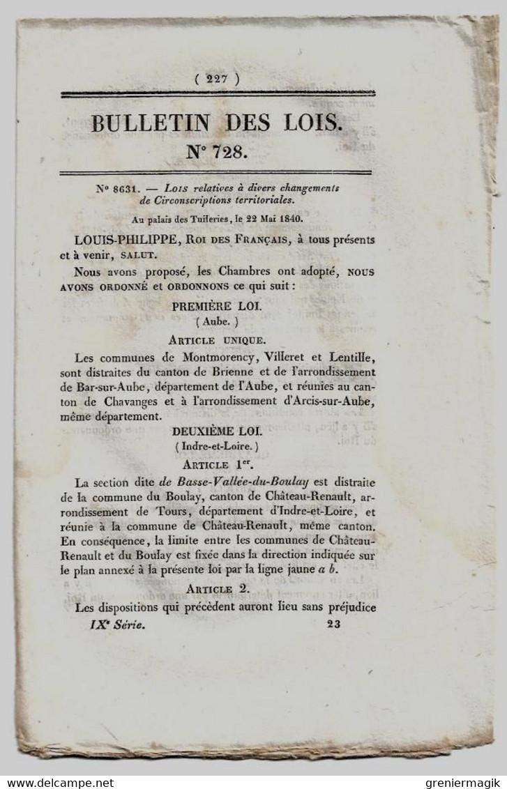 Bulletin Des Lois N°728 1840 Tarif Péage Pont De Vianne Sur La Baïse (Lot-et-Garonne)/Circonscriptions Territoriales - Decrees & Laws