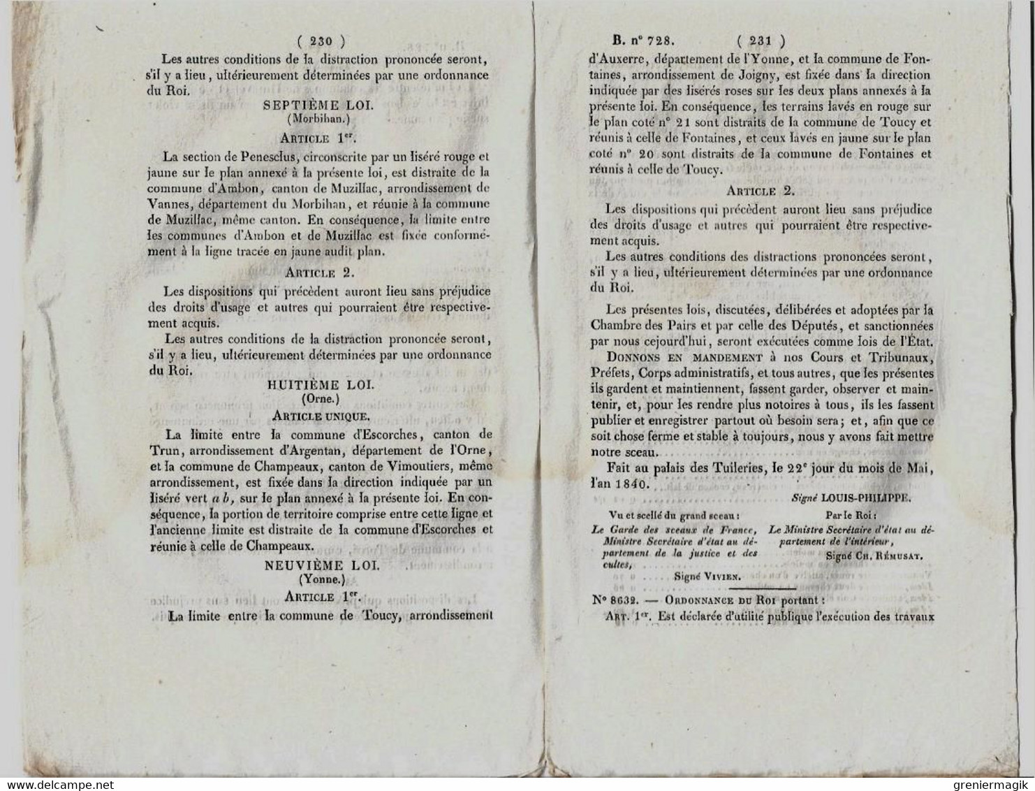 Bulletin Des Lois N°728 1840 Tarif Péage Pont De Vianne Sur La Baïse (Lot-et-Garonne)/Circonscriptions Territoriales - Decrees & Laws