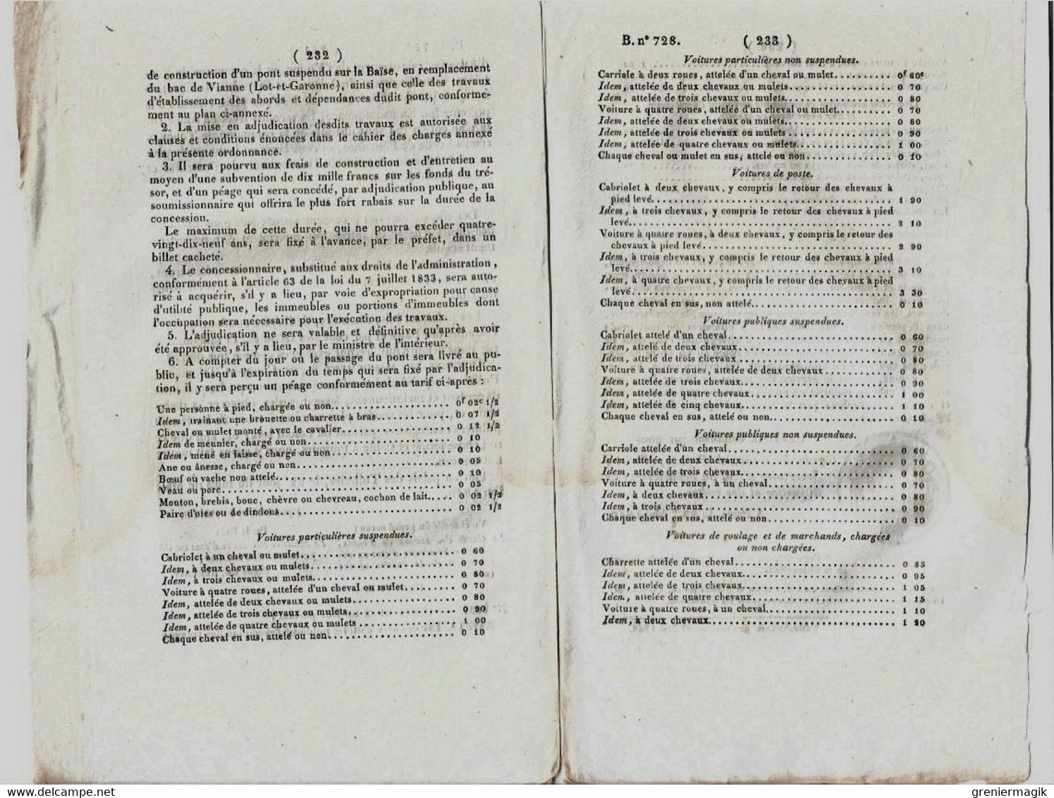 Bulletin Des Lois N°728 1840 Tarif Péage Pont De Vianne Sur La Baïse (Lot-et-Garonne)/Circonscriptions Territoriales - Decrees & Laws