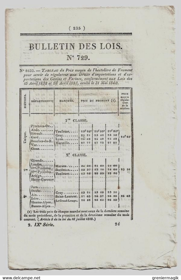 Bulletin Des Lois N°729 1840 Haïti Indemnité De Saint-Domingue/Agrégés Auprès Des Facultés Des Sciences (Mathématique... - Decretos & Leyes