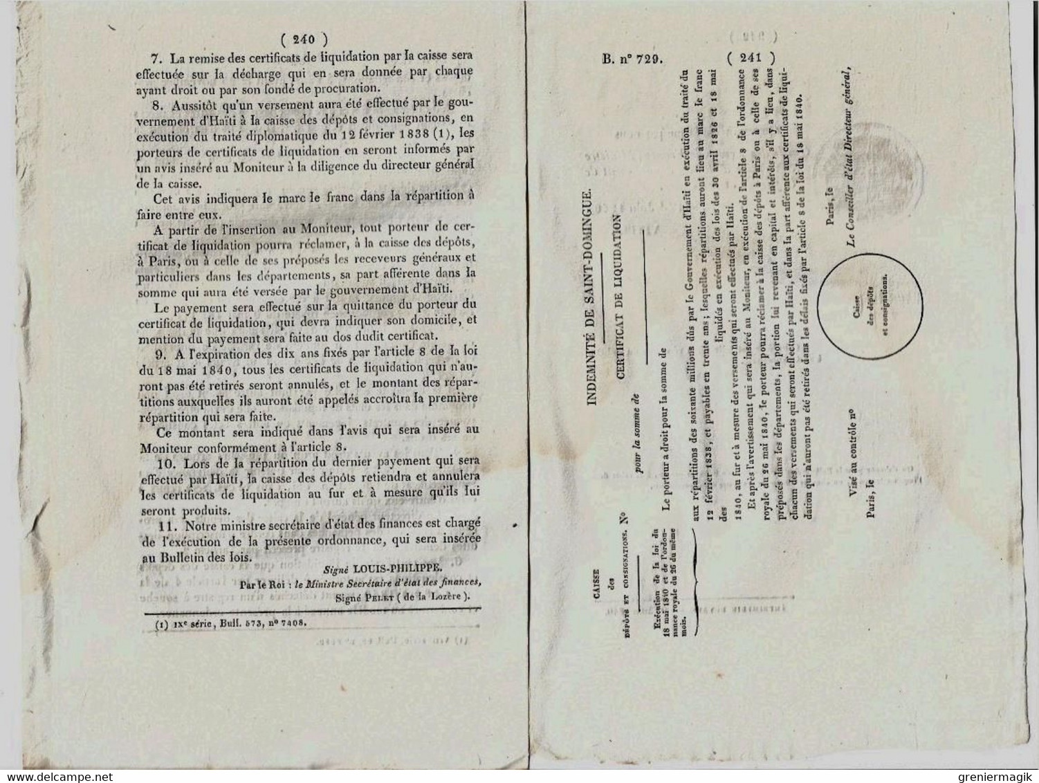 Bulletin Des Lois N°729 1840 Haïti Indemnité De Saint-Domingue/Agrégés Auprès Des Facultés Des Sciences (Mathématique... - Decretos & Leyes