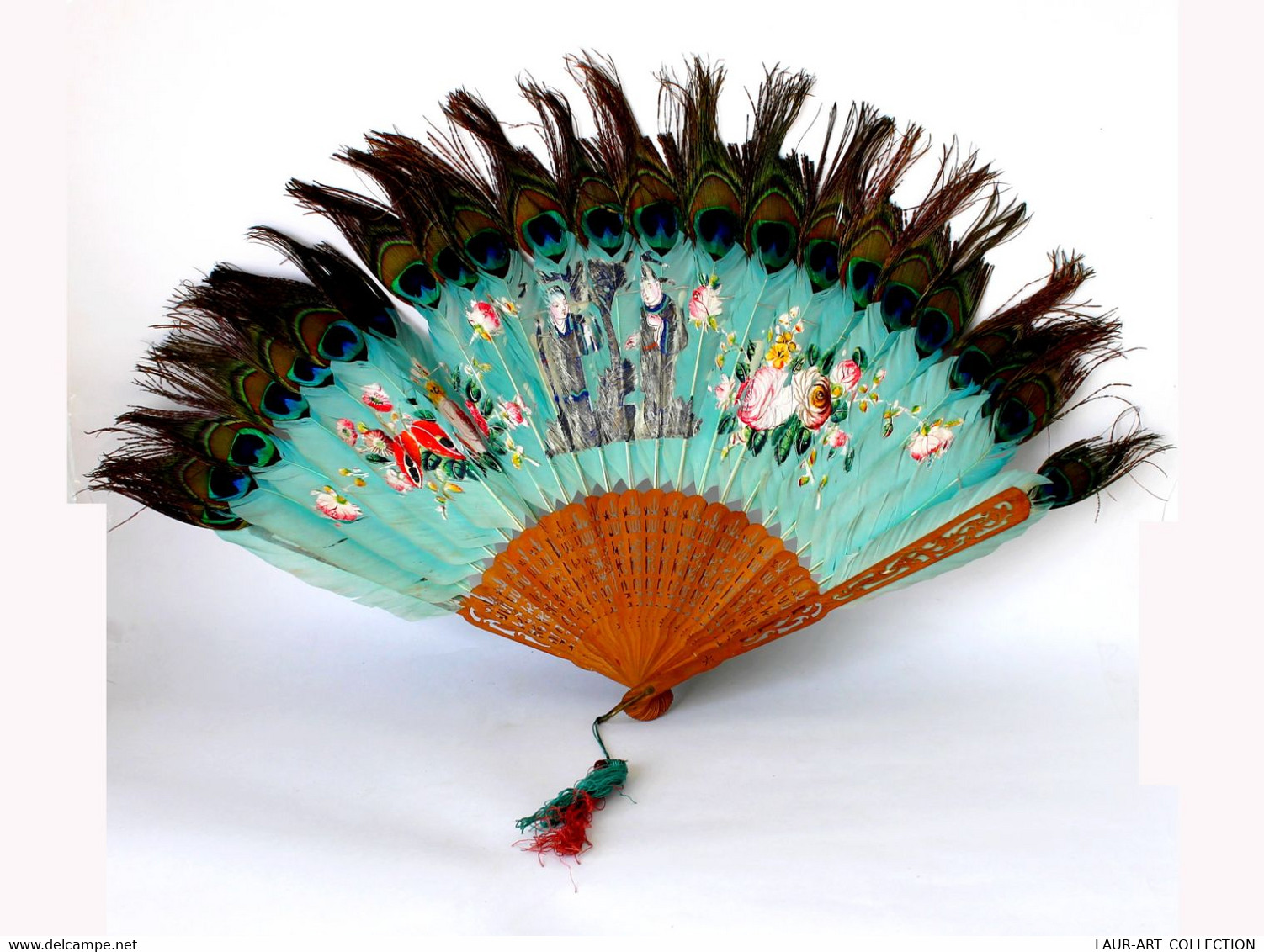 CHINE EVENTAIL ANCIEN - PLUME PAON DÉCOR PEINT GOUACHE DOUBLE FACE - BOIS AJOURÉ - Fans