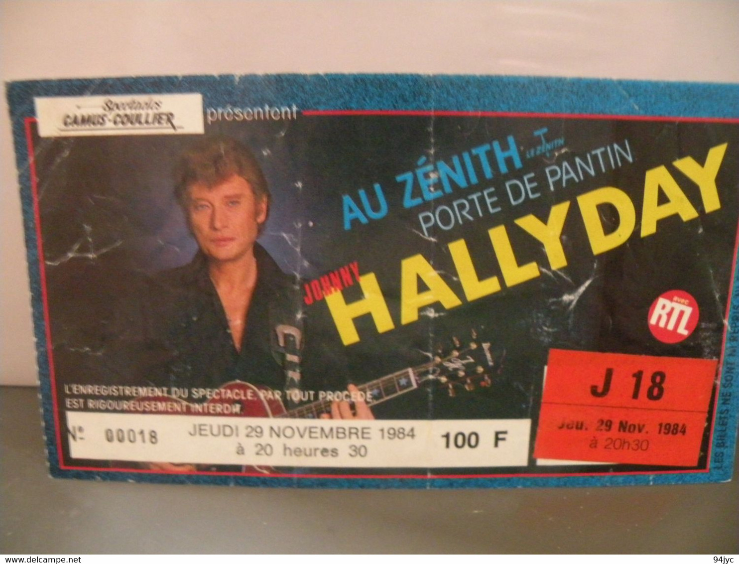 Billet Ticket Concert J Hallyday Zénith Pantin 29/11/1984 - Entradas A Conciertos