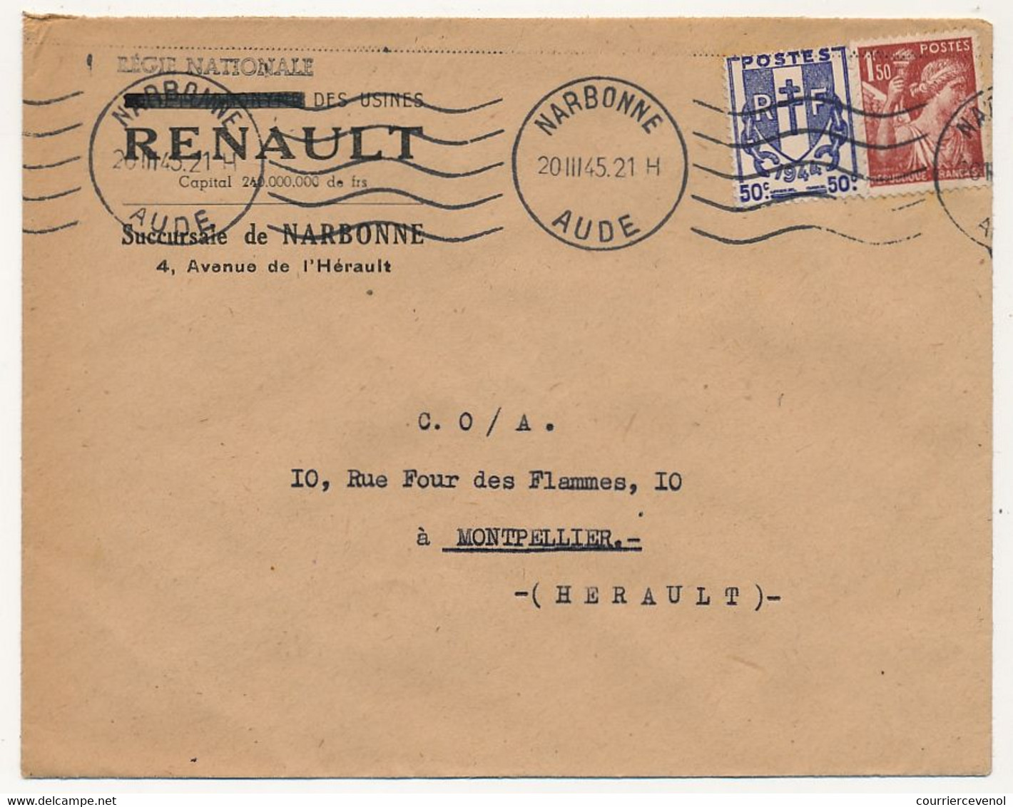 FRANCE - Env. En-tête "Régie Nationale RENAULT - Narbonne" Affr Composé 1945 - Auto's