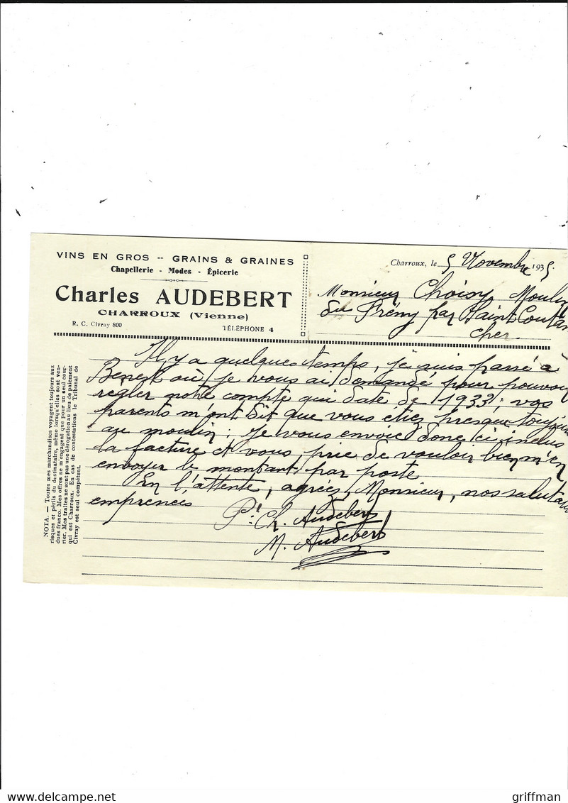 CHARROUX VIENNE CHARLES AUDEBERT VINS EN GROS GRAINS & GRAINES CHAPELLERIE EPICERIE 1935 - 1900 – 1949