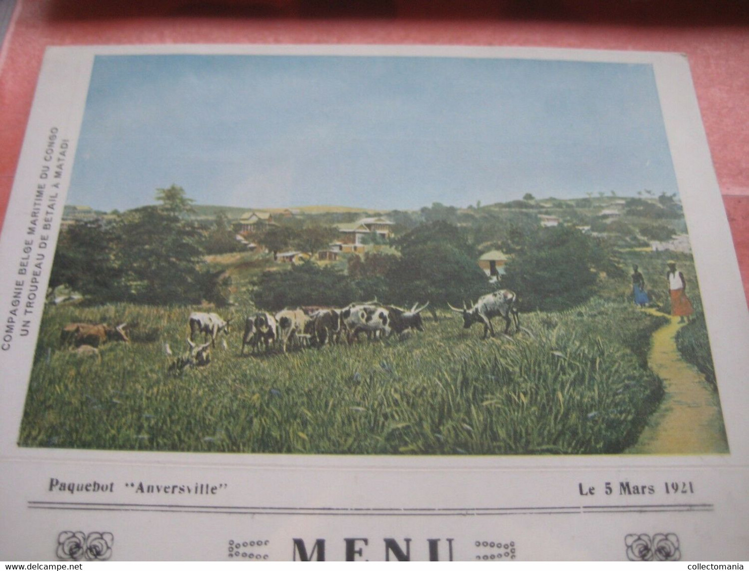 Authentic Menu Card, 1921 Congo Boat ANVERSVILLE, 20cmX13,8cm, MATADI Cows VG -  5 March 1921   DEJEUNER = Breakfast - Menú