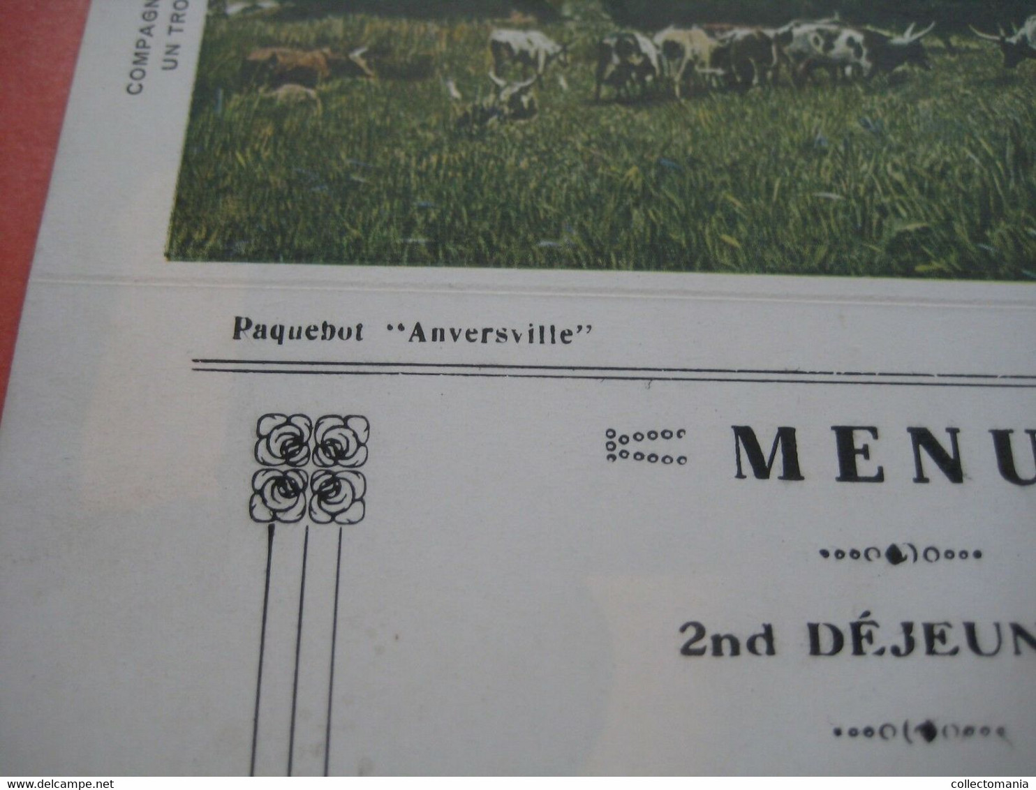 authentic Menu card, 1921 Congo boat ANVERSVILLE, 20cmX13,8cm, MATADI cows VG -  5 march 1921   DEJEUNER = breakfast