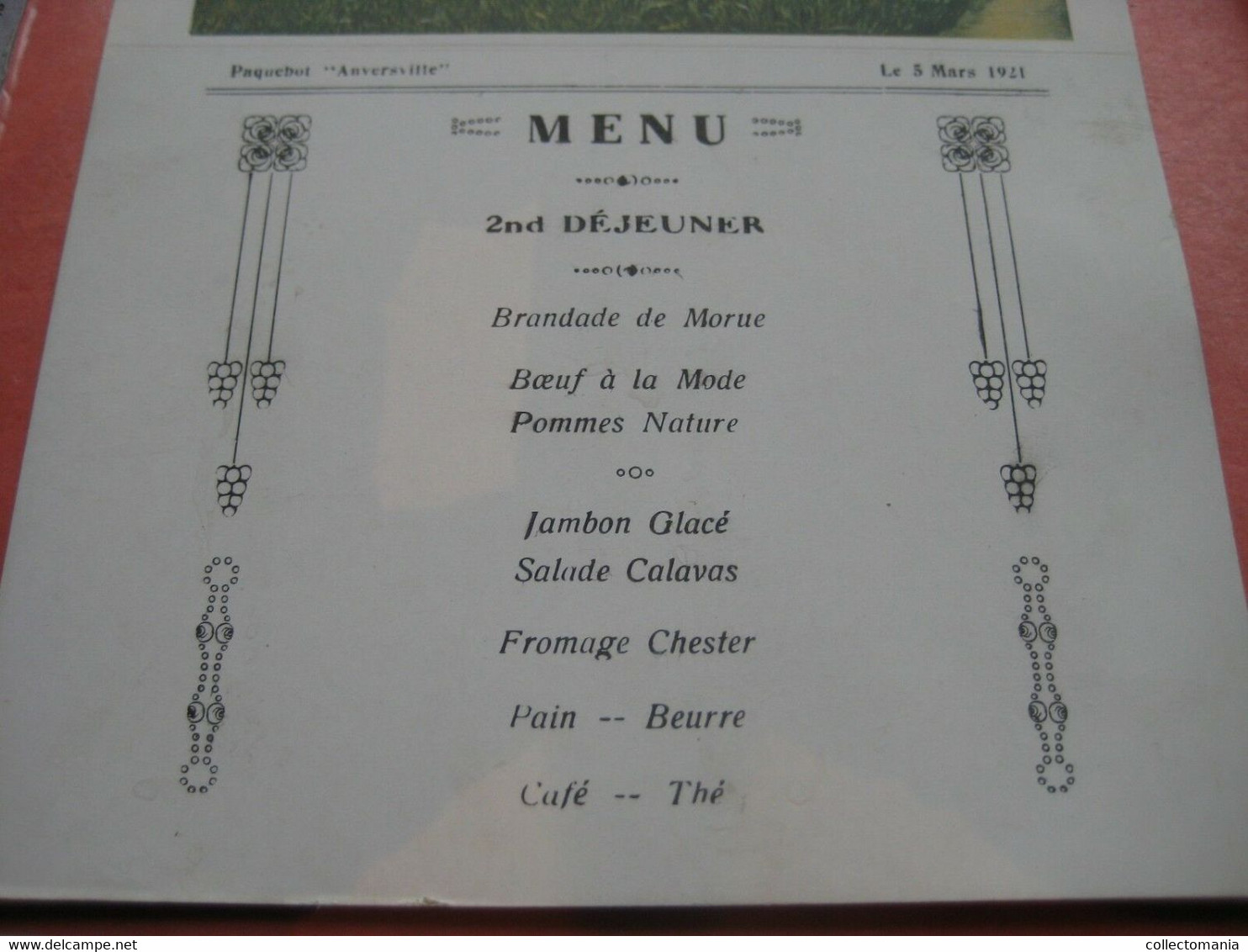 authentic Menu card, 1921 Congo boat ANVERSVILLE, 20cmX13,8cm, MATADI cows VG -  5 march 1921   DEJEUNER = breakfast