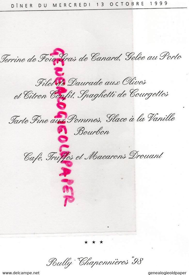 75- PARIS- MENU RESTAURANT DROUANT 16 RUE GAILLON- OPEL FRANCE 1999- RULLY CHAPONNIERES 98 - Menus