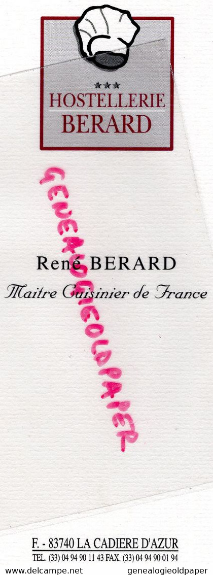 83- LA CADIERE D' AZUR- MENU RESTAURANT HOSTELLERIE RENE BERARD-MAITRE CUISINIER-PRESENTATION PRESSE LEXUS IS 300-2001 - Menú