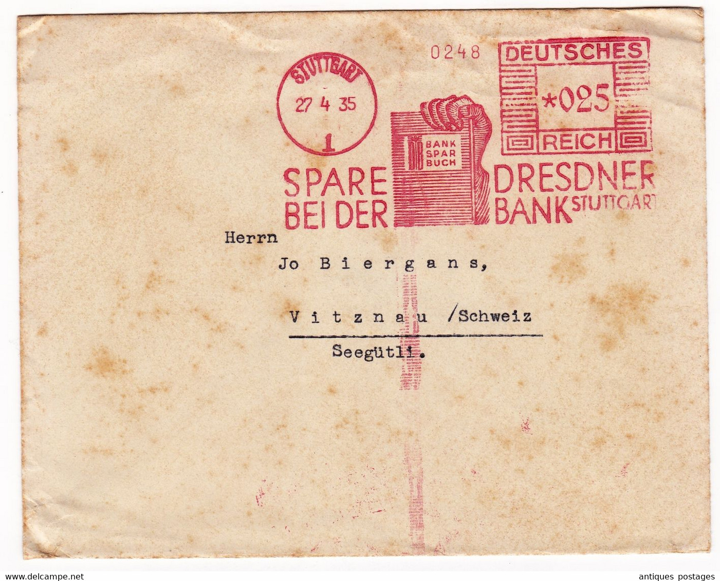 Lettre Allemagne Deutschland 1935 STUTTGART Spare Bei Der Dresdner Bank Vitznau Suisse Schweiz Buch - Franking Machines (EMA)