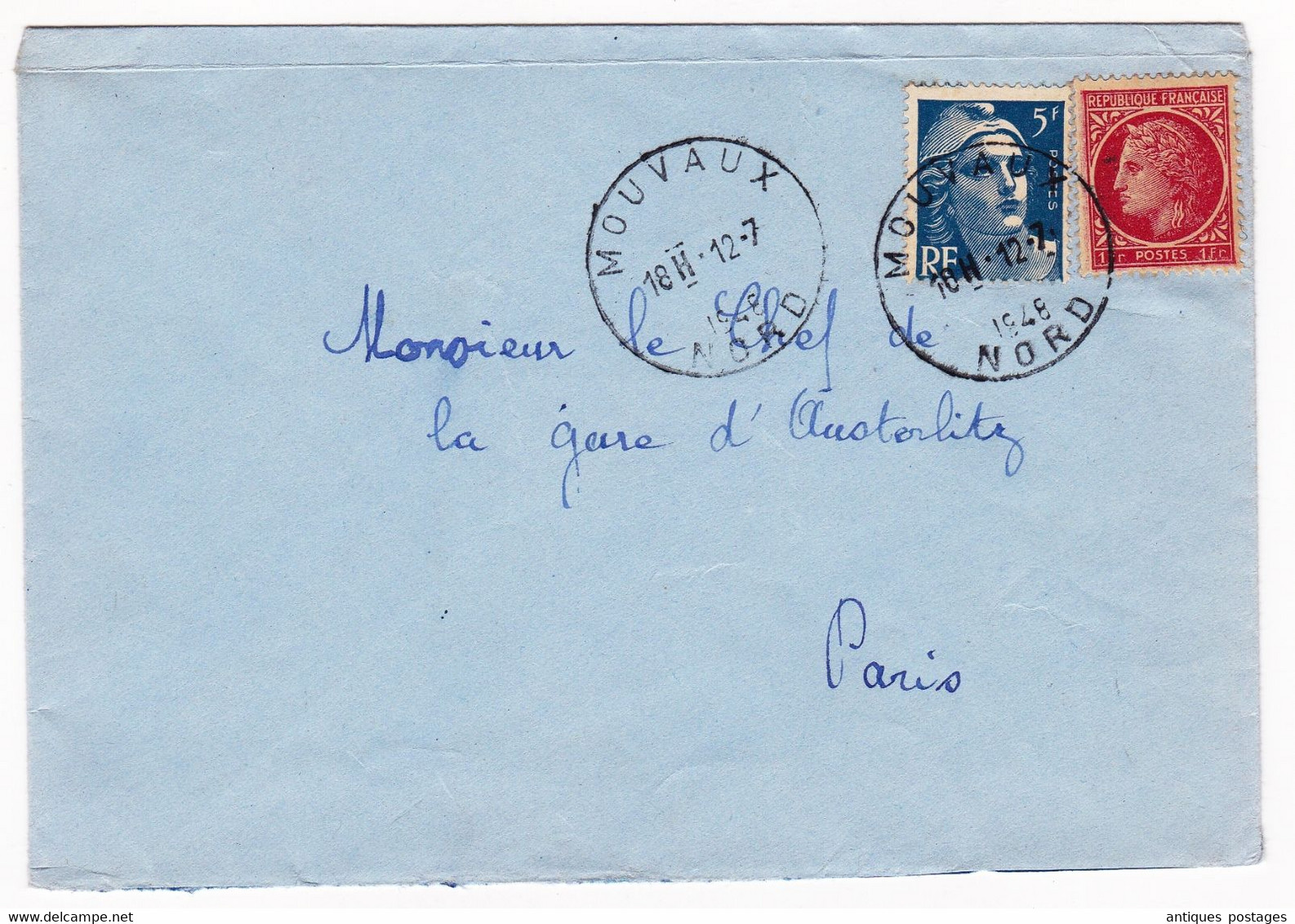 Lettre 1948 Mouvaux Nord Marianne De Gandon 5F + Cérès De Mazelin 1F - 1945-54 Maríanne De Gandon