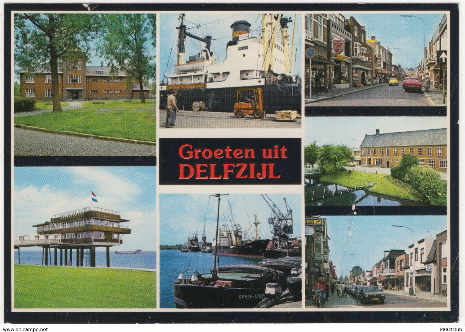 Groeten Uit Delfzijl: Russisch Vrachtschip, Vorkheftruck, Eemshotel, Winkelstraat, 'PHILIPS' Neon  - (Nederland/Holland) - Delfzijl